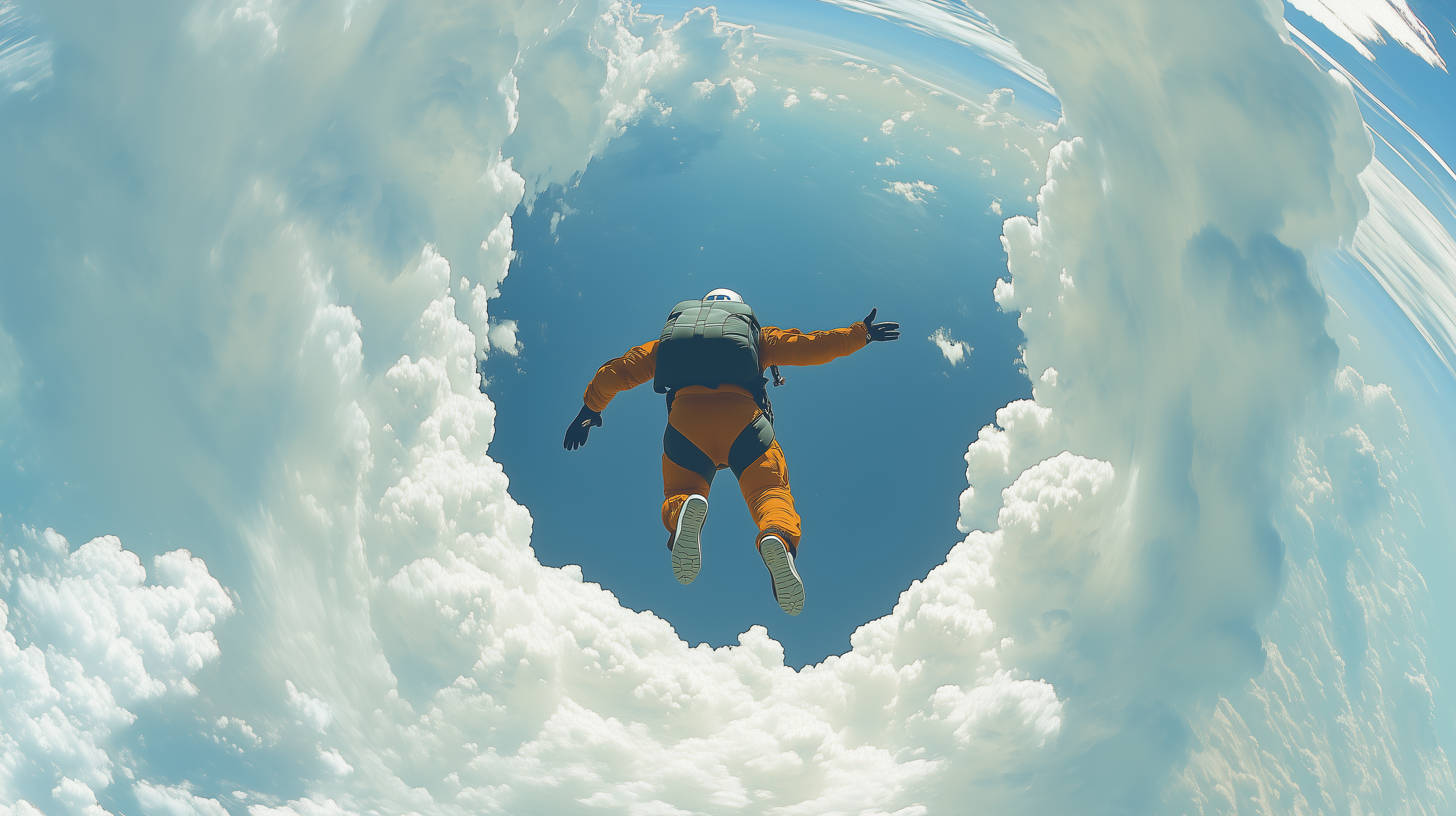 skydiver falling through circular clouds